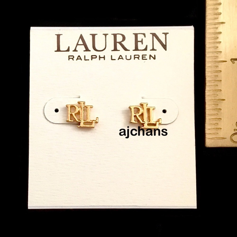 Lauren Ralph Lauren Gold Tone RLL Logo Stud Earrings - Picture 3 of 3